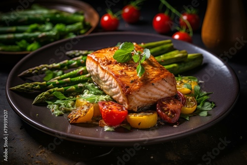 Salmon with asparagus and tomatoes