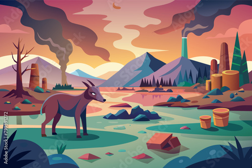 lone animal scavenging for food in a polluted landscape, symbolizing the impact on wildlife.
