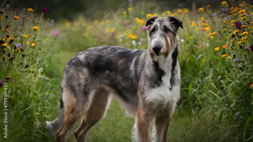 A majestic Irish Wolfhound standing amidst a field of wildflowers, epitomizing grace and strength. A majestic Irish Wolfhound standing amidst a field of wildflowers, epitomizing grace and strength.