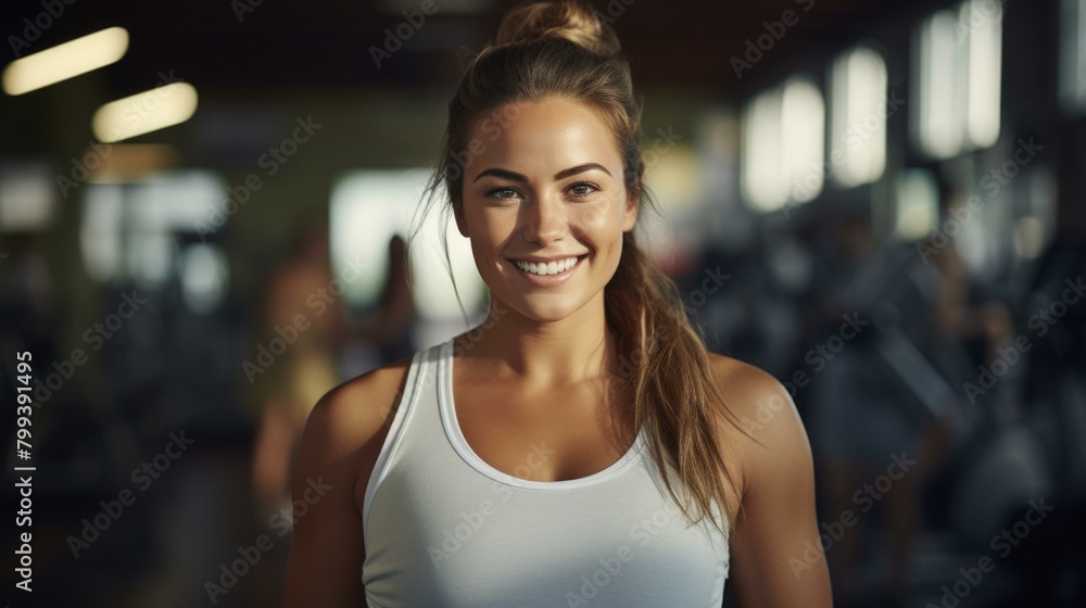 Fototapeta premium Portrait of a young woman in a white tank top smiling in a fitness center