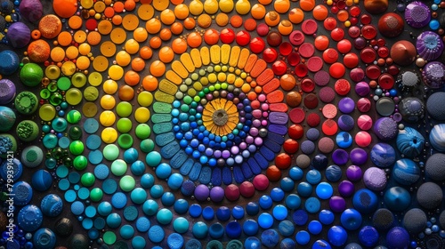  A multicolored artwork comprised of various sized circles with a yellow center encircled by smaller circles, and smaller circles surrounding those