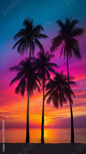 Tropical Beach Sunset With Palm Trees © Adobe Contributor