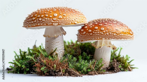 Two red mushrooms with white spots on a bed of green moss
