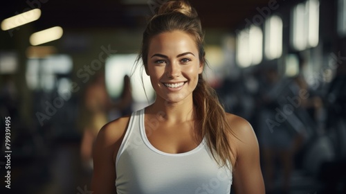 Portrait of a young woman in a white tank top smiling in a fitness center