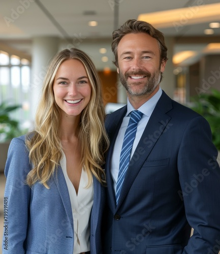 A blonde woman and a man in a suit are smiling at the camera. © Adobe Contributor