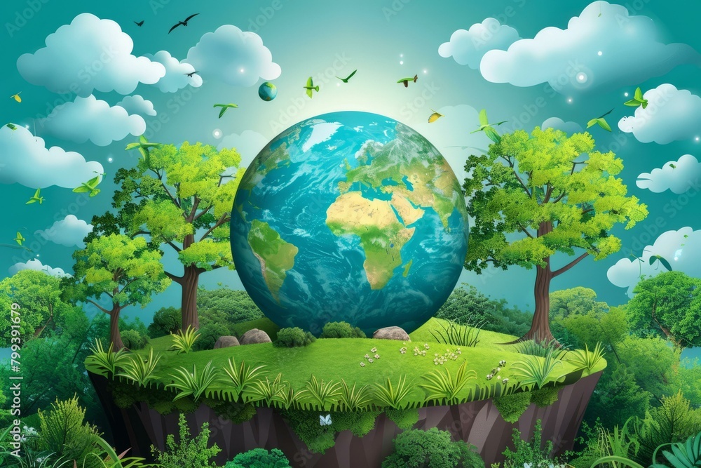 Green planet Earth illustration with trees, grass, and birds