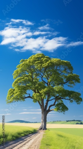 tree in the middle of a field with a blue sky