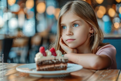 A little blonde girl sits at a table with a piece of cake against the backdrop of a cafe.