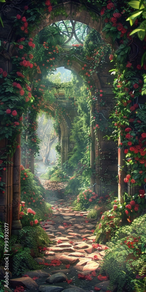 Fototapeta premium Mystical Garden Path with Stone Archway and Red Roses