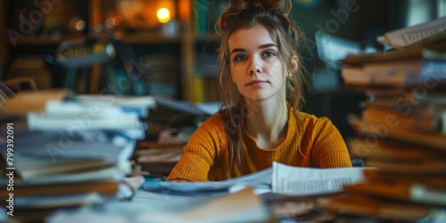 Young woman sitting at a desk surrounded by books and papers
