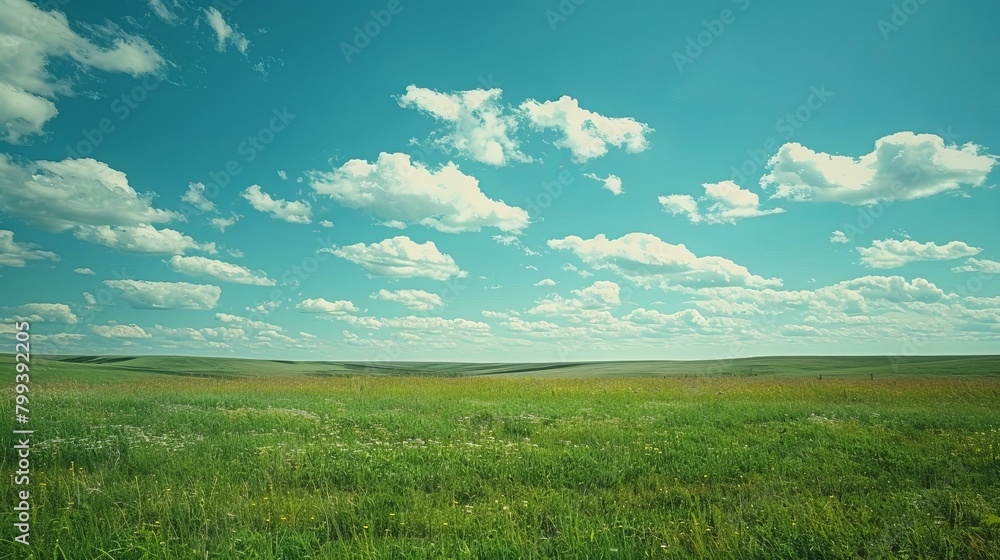Fototapeta premium Green Grass Field Under Blue Sky With White Clouds