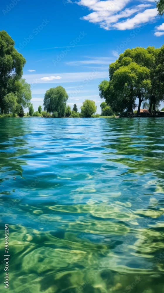 Blue lake water surface and green trees Blue lake water surface and green trees