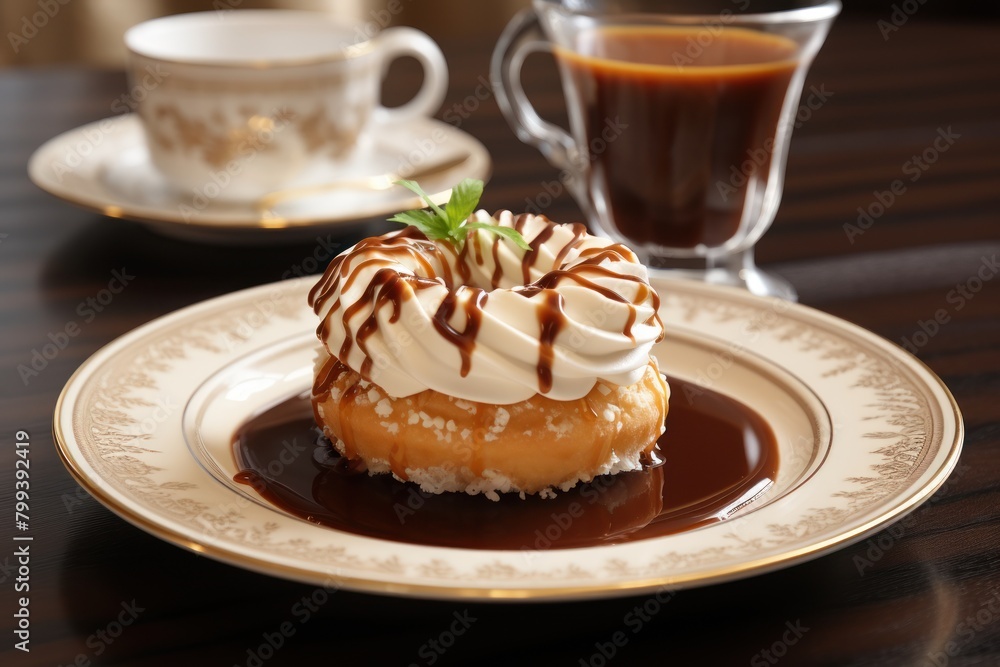 A donut with whipped cream and chocolate sauce sits on a plate next to a cup of coffee. A donut with whipped cream and chocolate sauce sits on a plate next to a cup of coffee.
