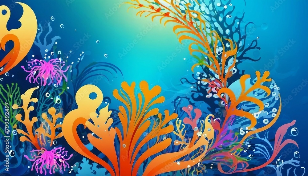 Subaquatic Symphony: Abstract Background with Fluid Shapes and Marine Life Motifs