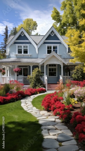 Small blue house with red flowers in the front yard