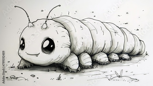  A sketch of a caterpillar lying flat on the ground with its head turned up, resembling a caterpillar