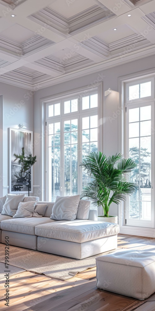Bright white living room interior with large windows overlooking lake Bright white living room interior with large windows overlooking lake