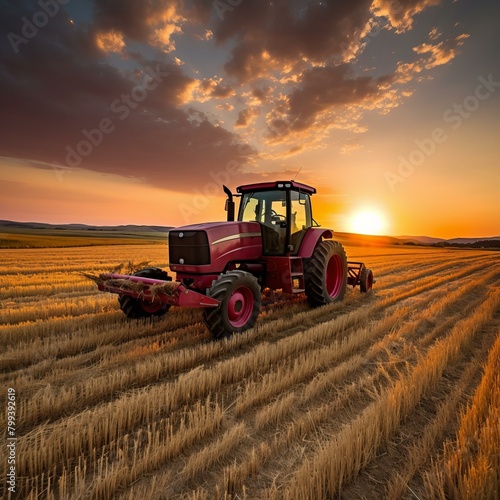 Red tractor in a golden wheat field during sunset