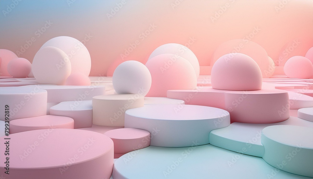 Fototapeta premium A surreal dreamscape with floating geometric shapes and a gradient of pastel colors,