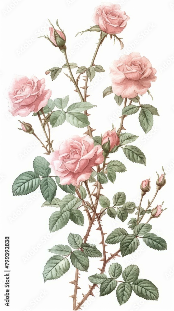 Pink roses with buds and green leaves botanical illustration