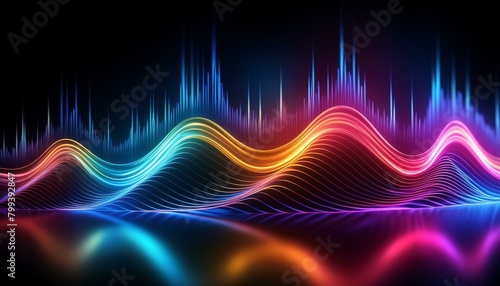  A visualization of sound as colorful waves cascading over a dark, reflective surface,