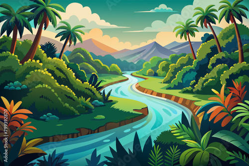 lazy river winding through a lush tropical rainforest