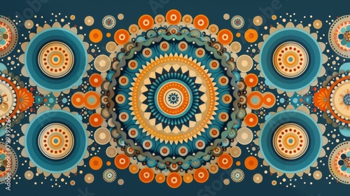   An abstract painting features circles and dots in orange, blue, and white hues against a blue backdrop, with corresponding circular and dot motifs photo