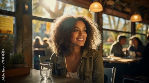 A young woman with curly hair is sitting in a restaurant smiling