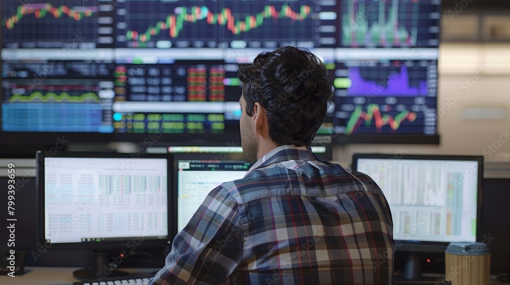 Global Market Trader Executing RealTime Trades with WiFi 7 for Minimal Latency Back View No Face Global Market Trader Executing RealTime Trades with WiFi 7 for Minimal Latency Back View No Face