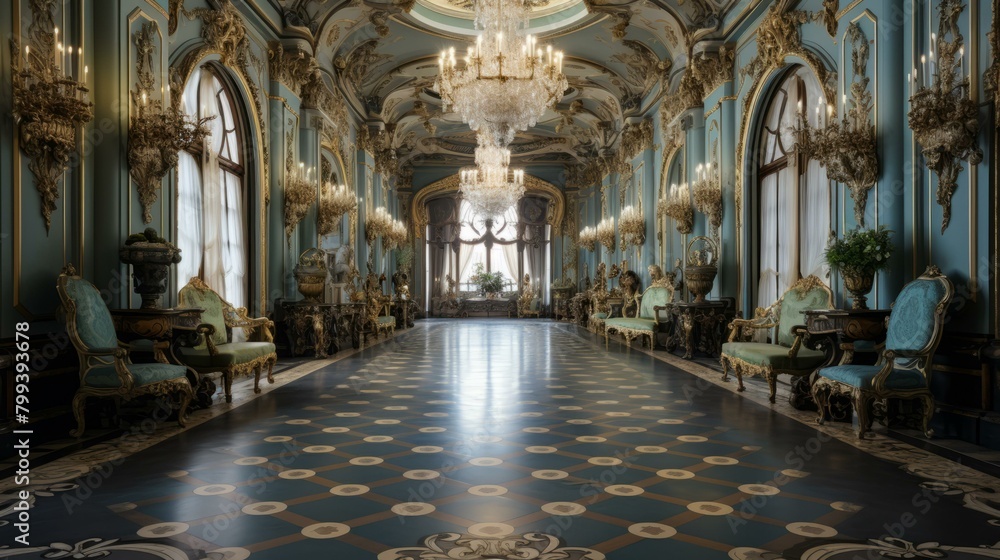 Fototapeta premium ornate hallway with blue and gold accents