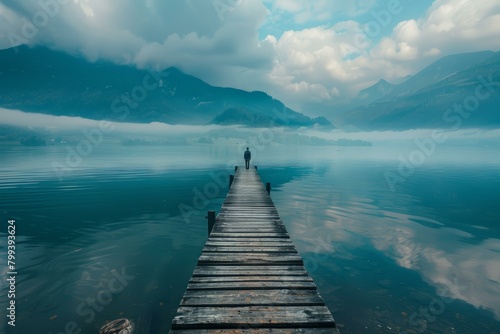 Man standing alone on a dock in a lake surrounded by mountains photo