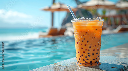 bubble tea with milk in a transparent glass cup with a straw on a background of a swimming pool. summer holiday concept
