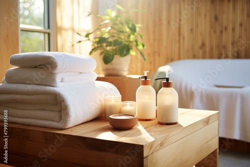 Bath towels and toiletries on a wooden table