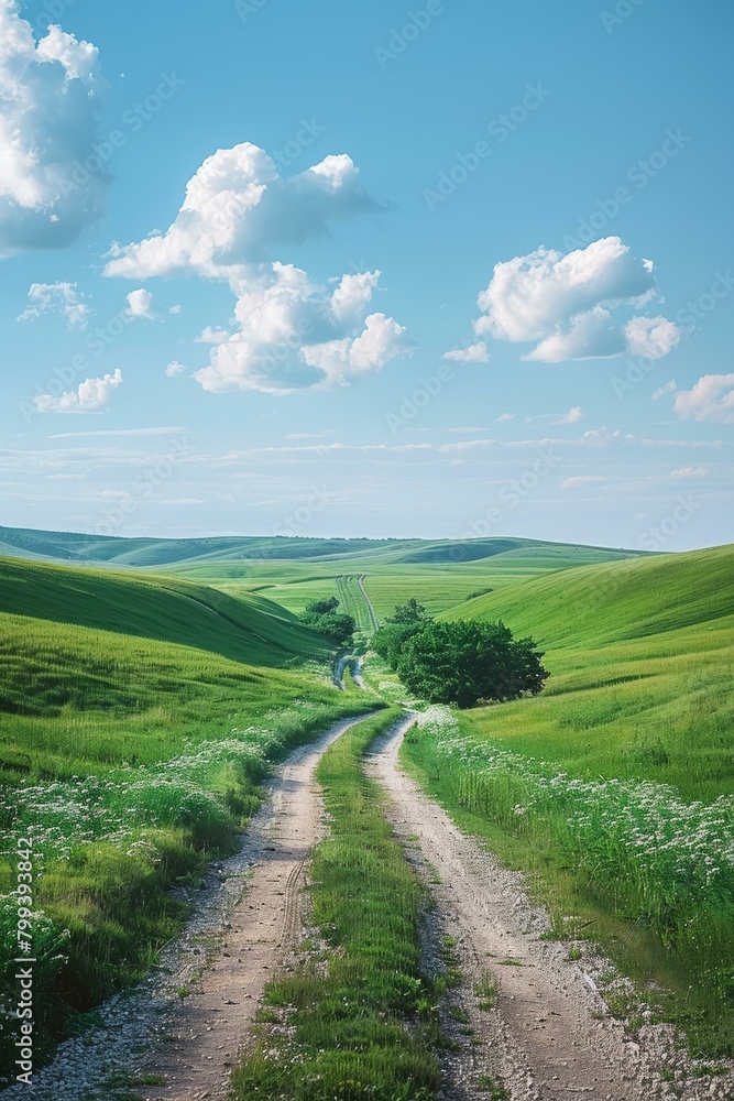 The road through the green fields The road through the green fields