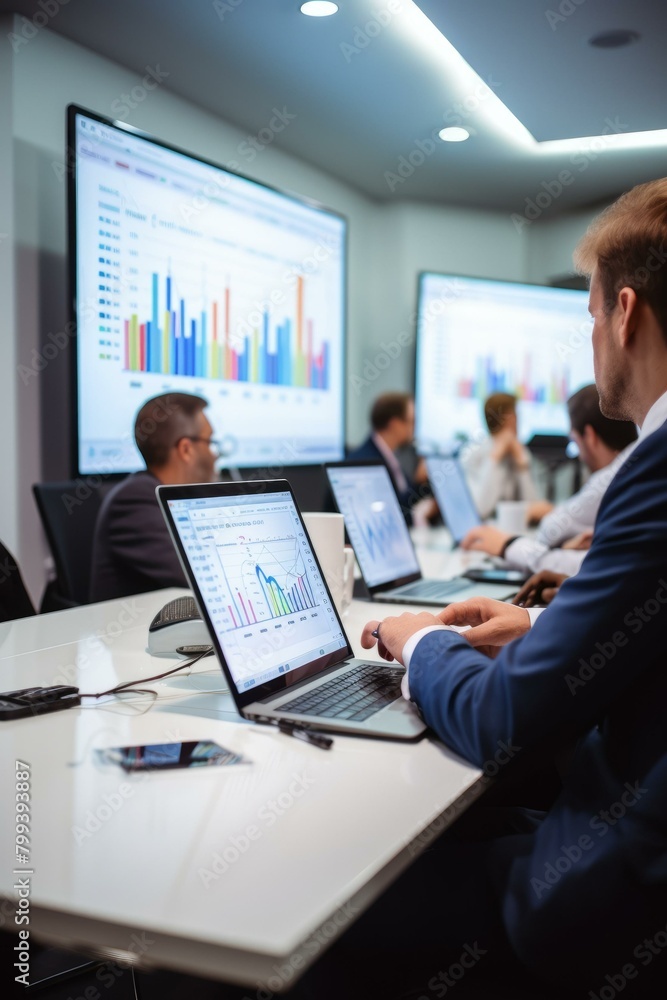 Business people in a meeting room looking at graphs and charts on screens and discussing data Business people in a meeting room looking at graphs and charts on screens and discussing data