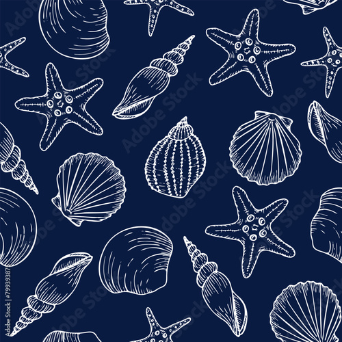 Underwater seamless pattern with seashells line art illustrations in white color on blue background. Scallop sketch, seashell line drawing. Summer ocean beach print for background, textile, fabric
