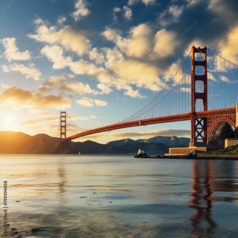 Golden Gate Bridge at sunset with a clear sky and calm water Golden Gate Bridge at sunset with a clear sky and calm water