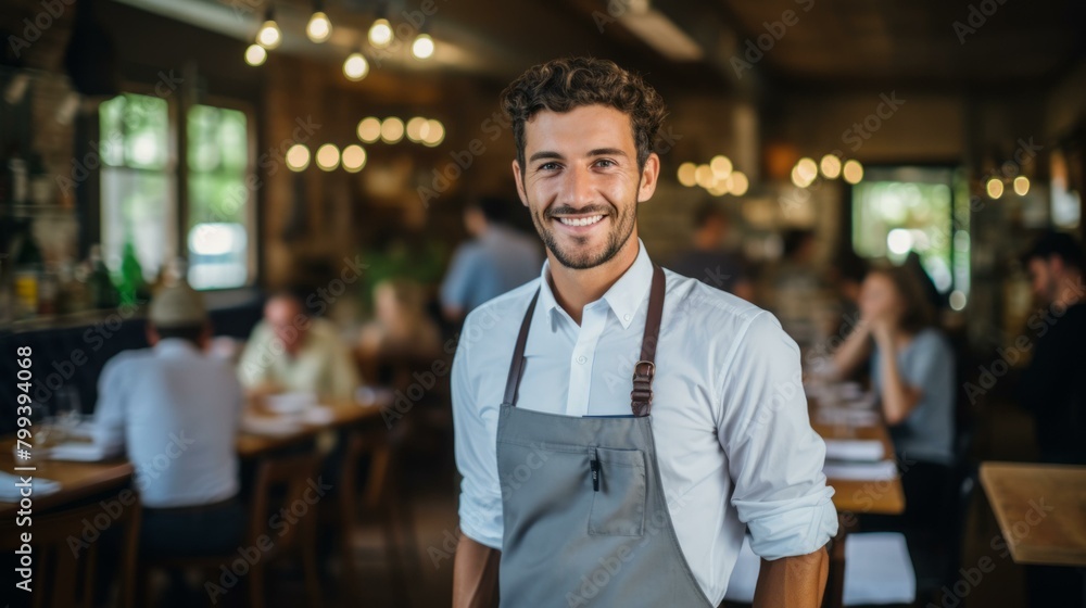 waiter in apron standing in restaurant