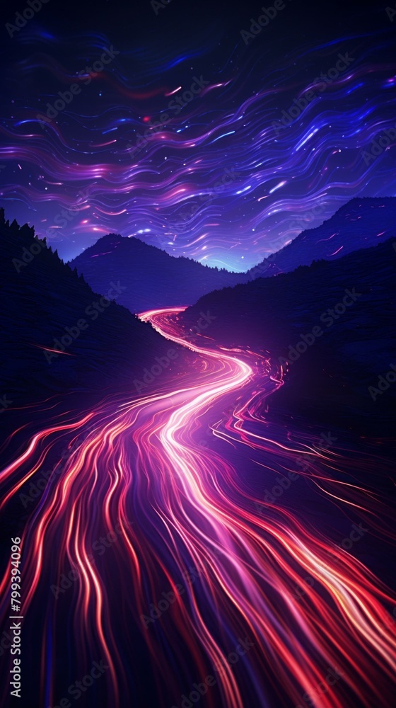 Illustration of a glowing river flowing through a mountainous landscape Illustration of a glowing river flowing through a mountainous landscape