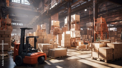 A large warehouse with a forklift and many boxes photo