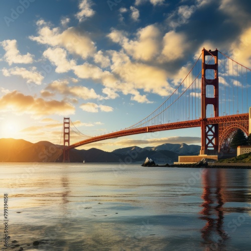 Golden Gate Bridge at sunset with a clear sky and calm water