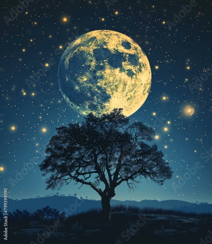 Blue Moon over Lonely Tree © Adobe Contributor