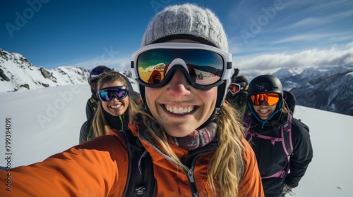 A group of friends skiing down a snowy mountain