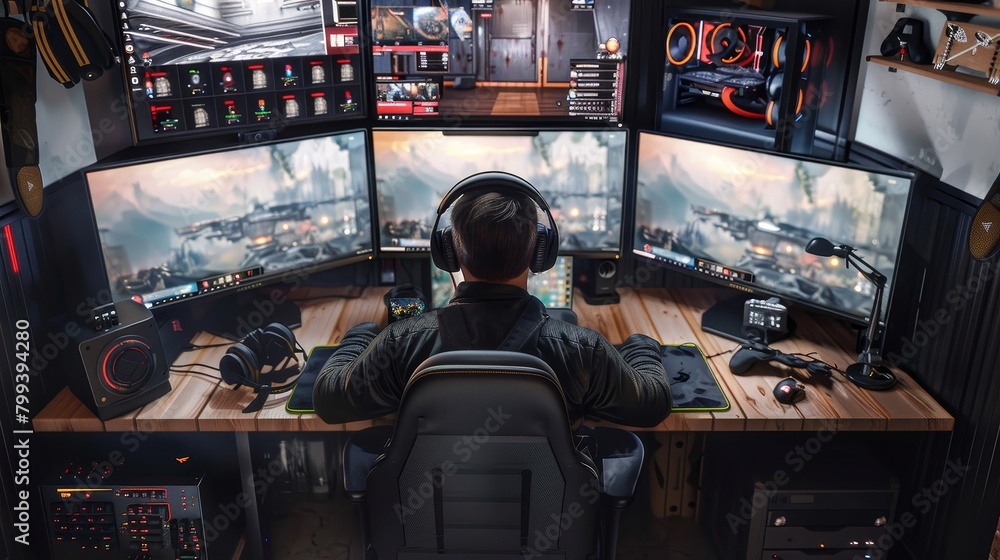 Immersive Gaming Experience Back View of Gamer Engrossed in HighEnd ...