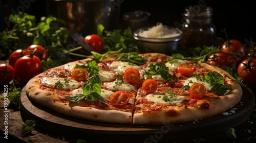 A delicious pizza with fresh tomatoes, basil, and mozzarella cheese