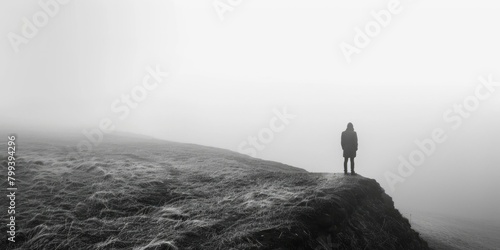 Person standing alone on a cliff edge looking out at a foggy landscape