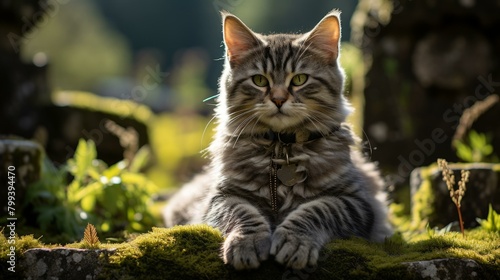 A gray cat is lying on the green moss in the woods © Adobe Contributor