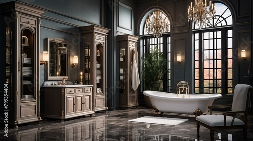 Lavish bathroom with freestanding bathtub and marble floor