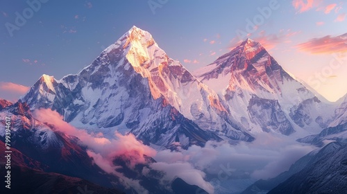 Mount Everest in the Himalayas at sunset