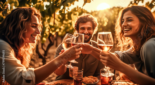 Summer Vineyard Gathering with Friends. Group of People Enjoying Wine and Food Outdoors, Surrounded by Lush Vineyards and Golden Sunlight. Celebration in Nature with Wine and Friends.